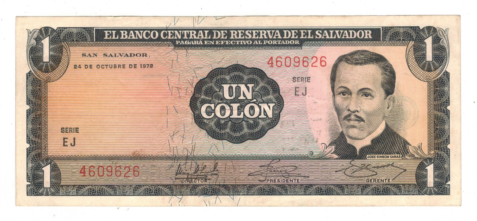 El Salvador 1 Colon 1972, (16/Feb/1977) XF. Rare - Salvador
