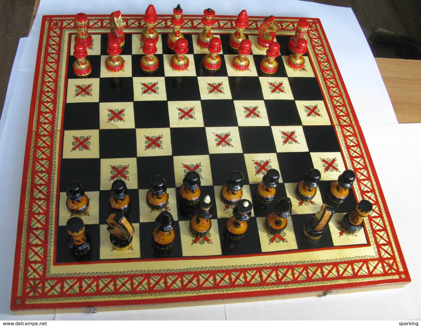 Chess + Checkers / Backgammon, Exclusive, Wooden, Carved (set), Hand-painted In The Style Of Mezen Painting. 1980-ies, S - People