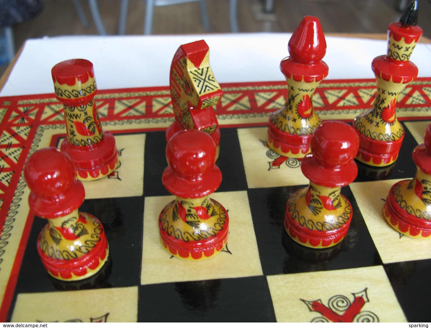 Chess + Checkers / Backgammon, Exclusive, Wooden, Carved (set), Hand-painted In The Style Of Mezen Painting. 1980-ies, S - People