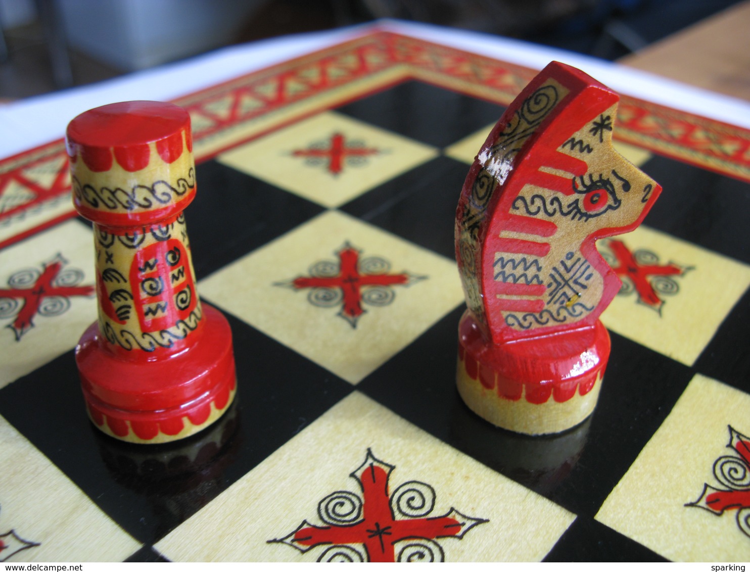 Chess + Checkers / Backgammon, Exclusive, Wooden, Carved (set), Hand-painted In The Style Of Mezen Painting. 1980-ies, S - People