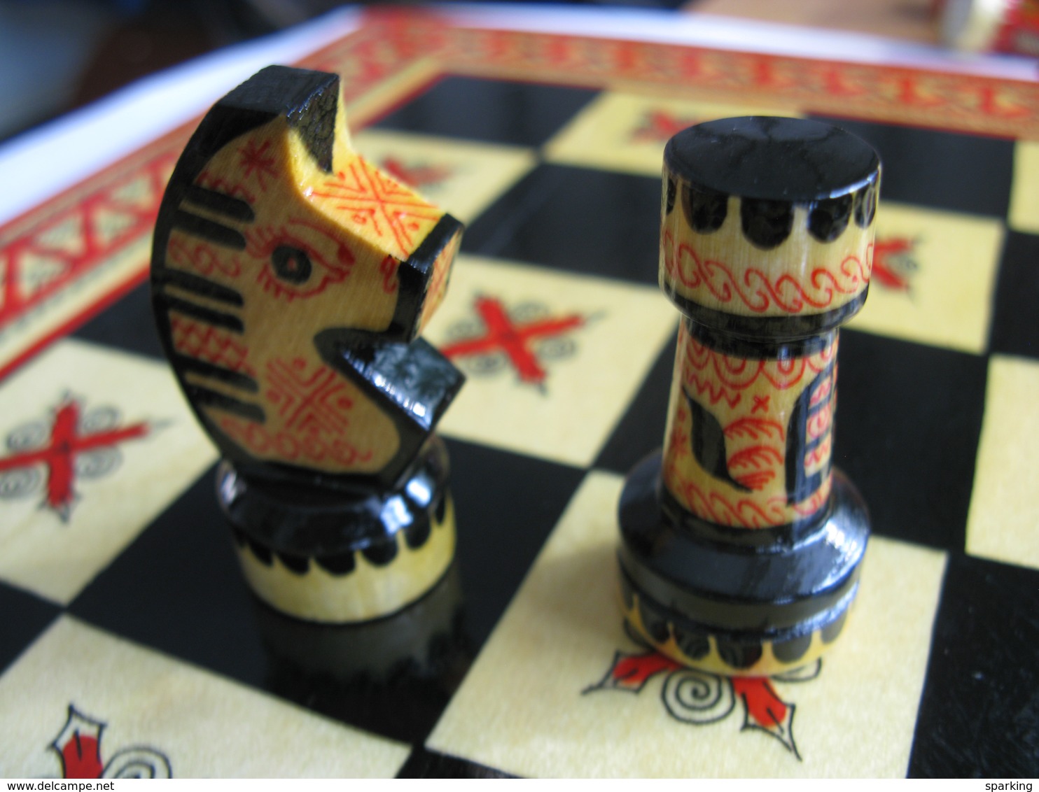 Chess + checkers / backgammon, exclusive, wooden, carved (set), hand-painted in the style of Mezen painting. 1980-ies, S