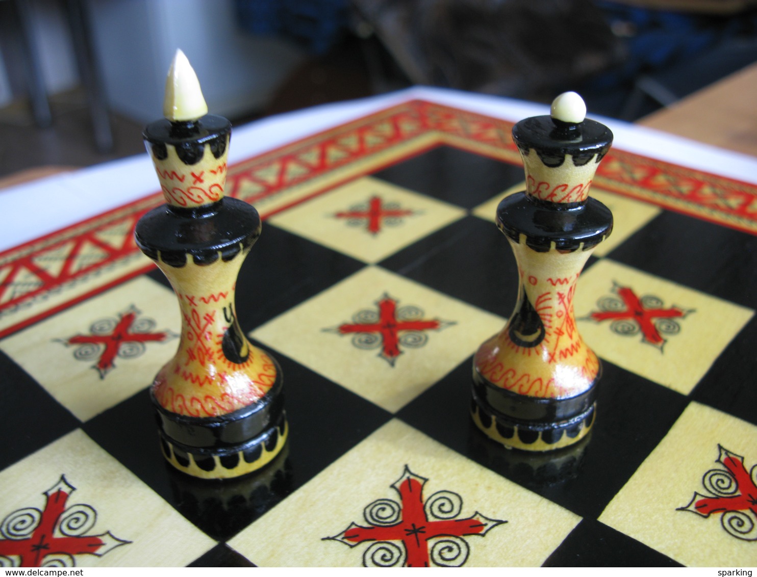 Chess + checkers / backgammon, exclusive, wooden, carved (set), hand-painted in the style of Mezen painting. 1980-ies, S