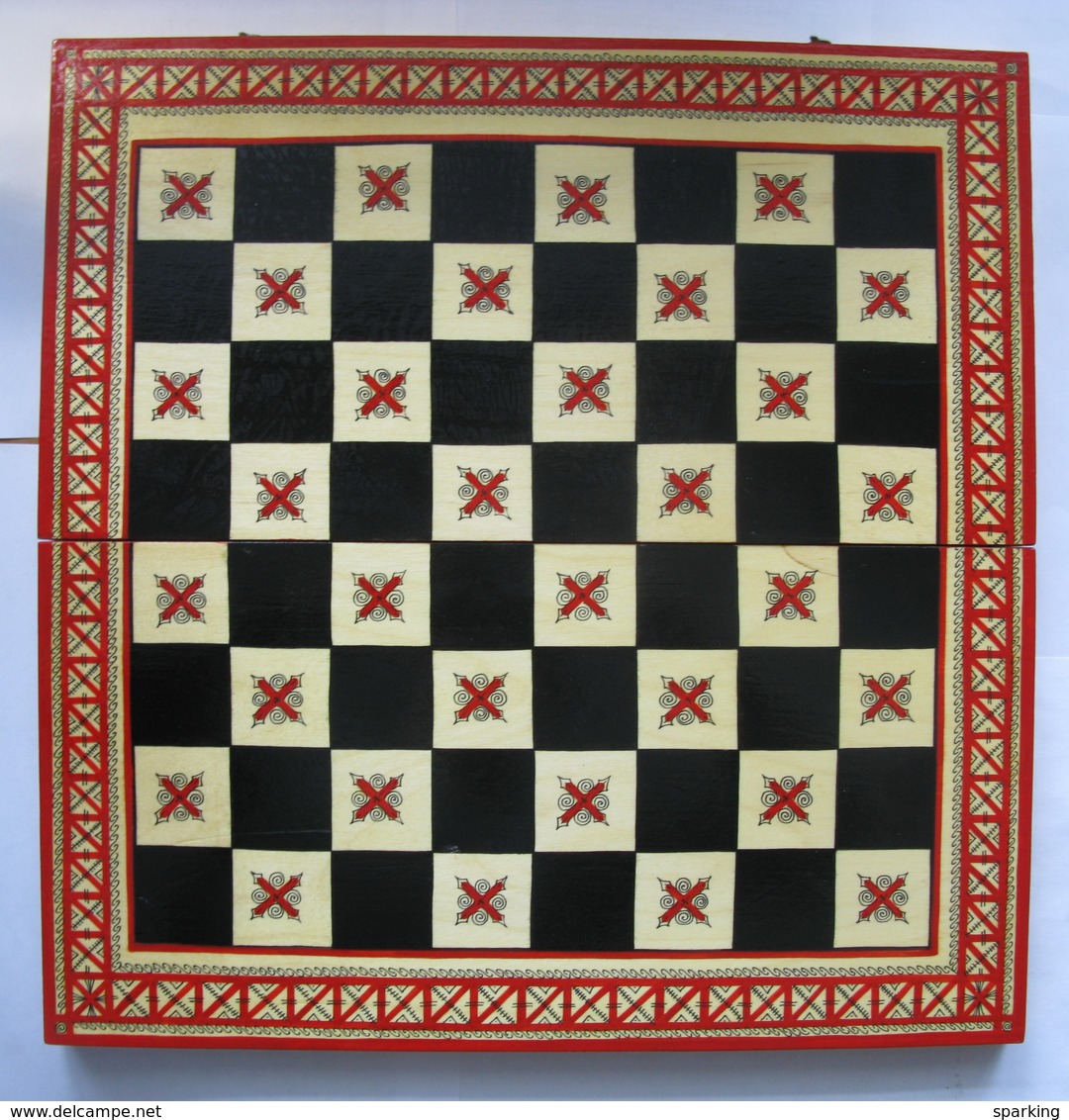 Chess + checkers / backgammon, exclusive, wooden, carved (set), hand-painted in the style of Mezen painting. 1980-ies, S