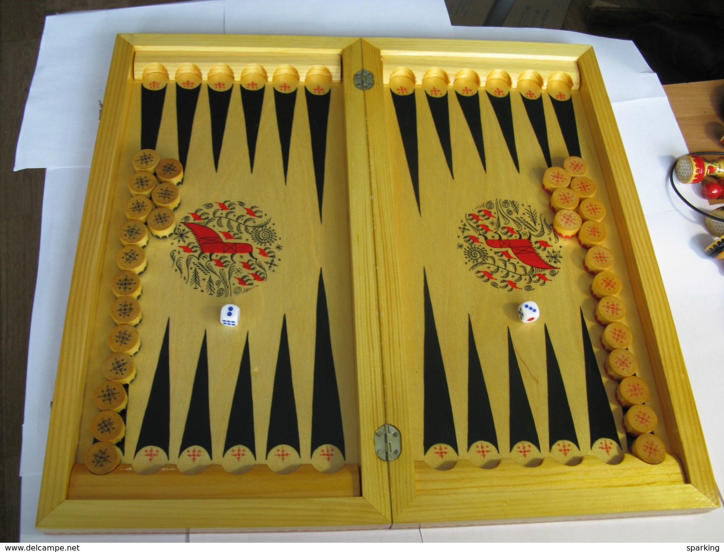 Chess + checkers / backgammon, exclusive, wooden, carved (set), hand-painted in the style of Mezen painting. 1980-ies, S