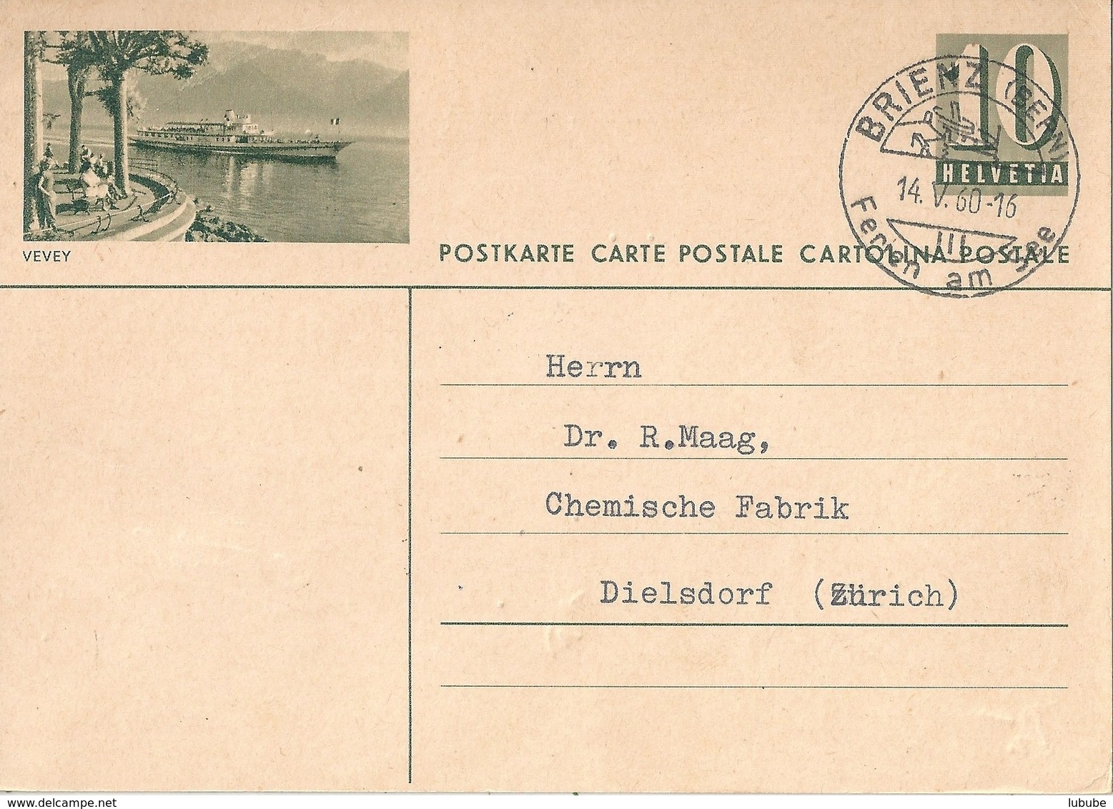 PK 182  "Vevey"  Brienz - Dielsdorf  (Dampfschiffe)            1960 - Stamped Stationery