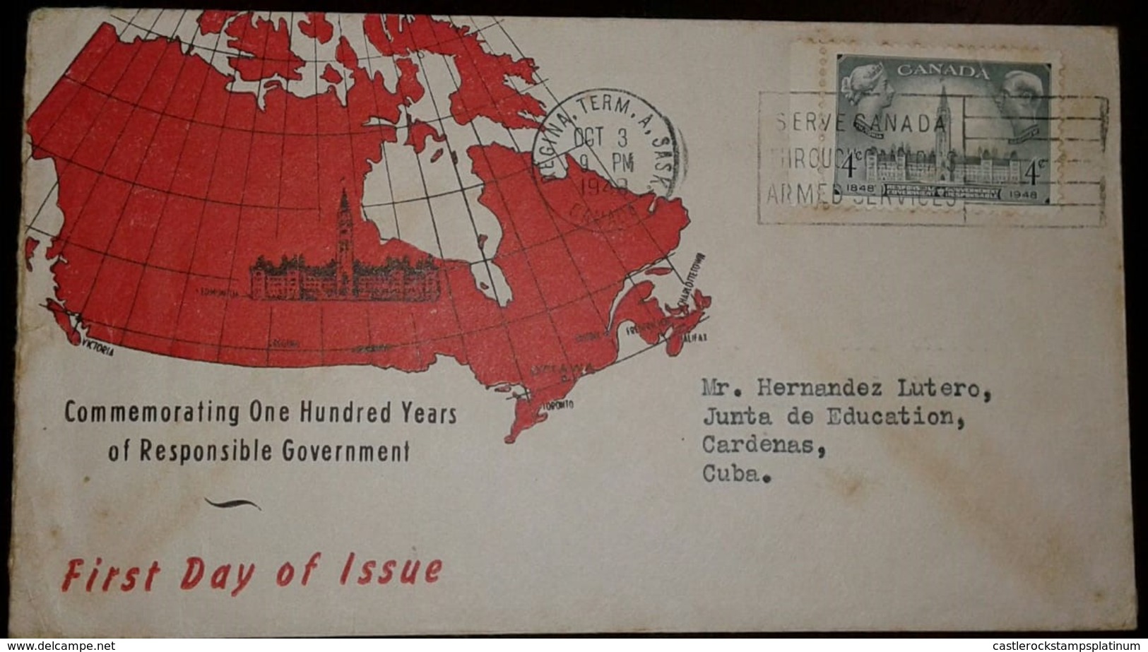 O)1949 CANADA, KING GEORGE VI-QUEEN ELIZABETH, PARLIAMENT BUILDINGS OTTAWA, FDC XF. MAP,XF - ....-1951