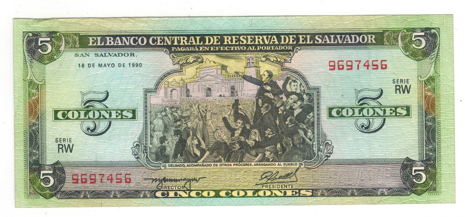 El Salvador 5 Colones 1990, VF/XF. - Salvador