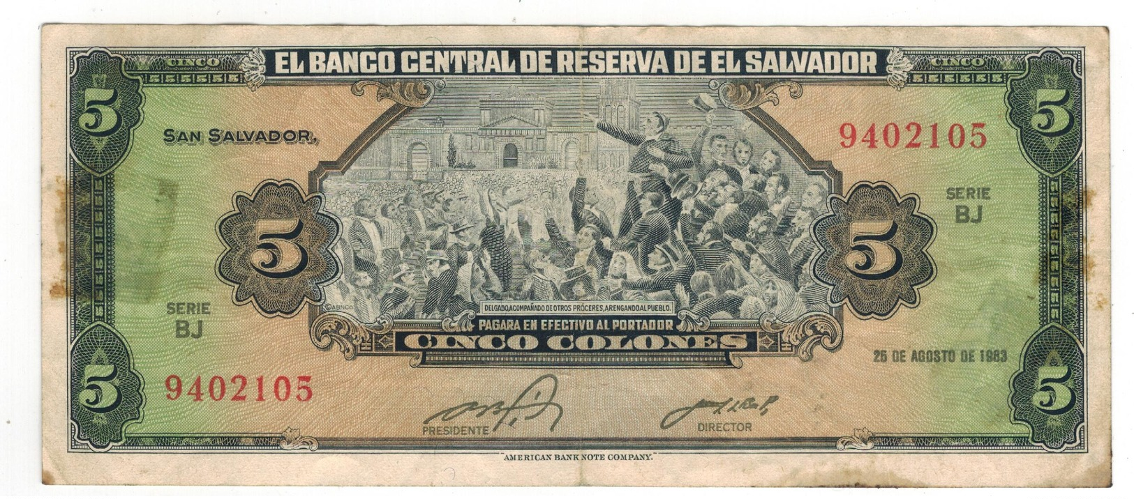 El Salvador 5 Colones 1983, VF. - Salvador