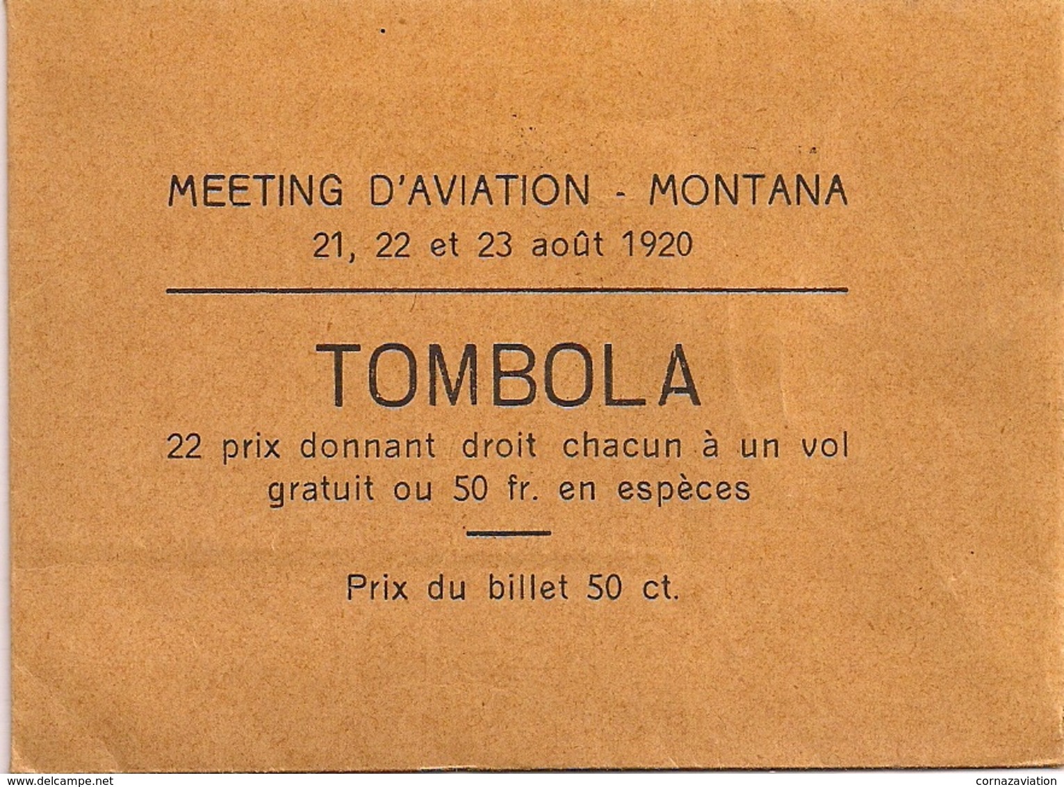 Aviation - Meeting D'aviation De Crans-Montana - Août 1920 - Rarissime - Tickets