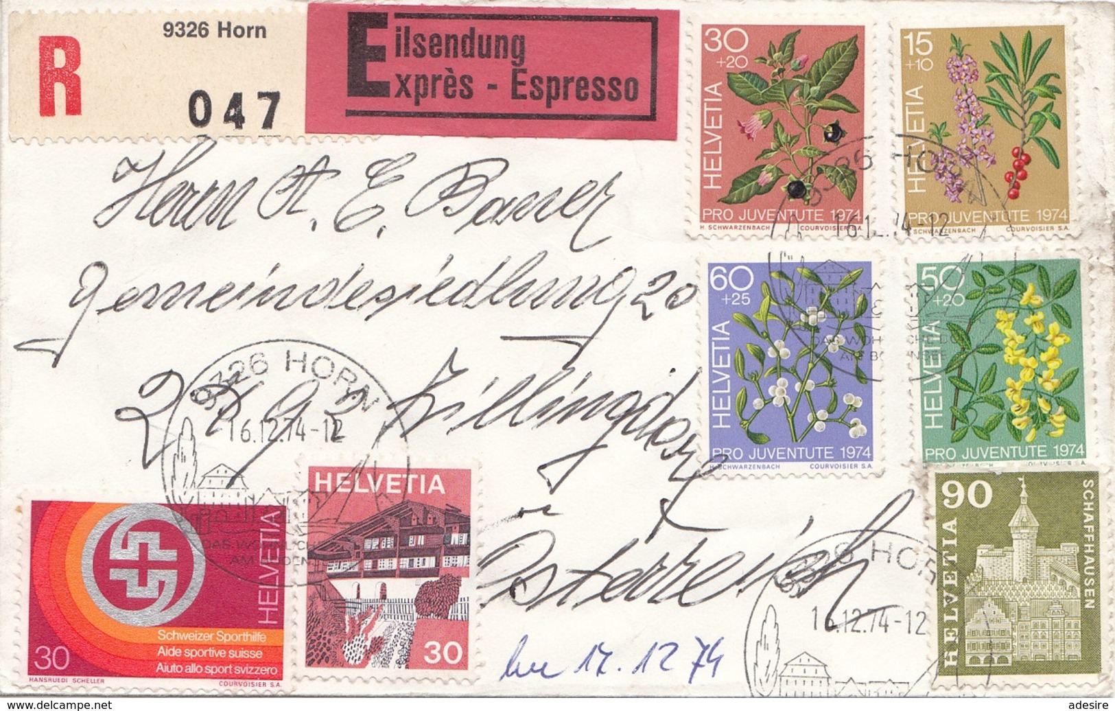 SCHWEIZ 1974 - 7 Fach Frankierung Auf EXPRESS-RECO-Brief Gel.v. Schweiz N. Zillingsdorf - Briefe U. Dokumente