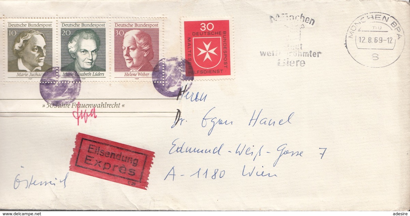 BRD EXPRESS 1969 - 4 Fach Frankierung Auf Brief, Kleksstempel, Gel. München - Wien - Briefe U. Dokumente