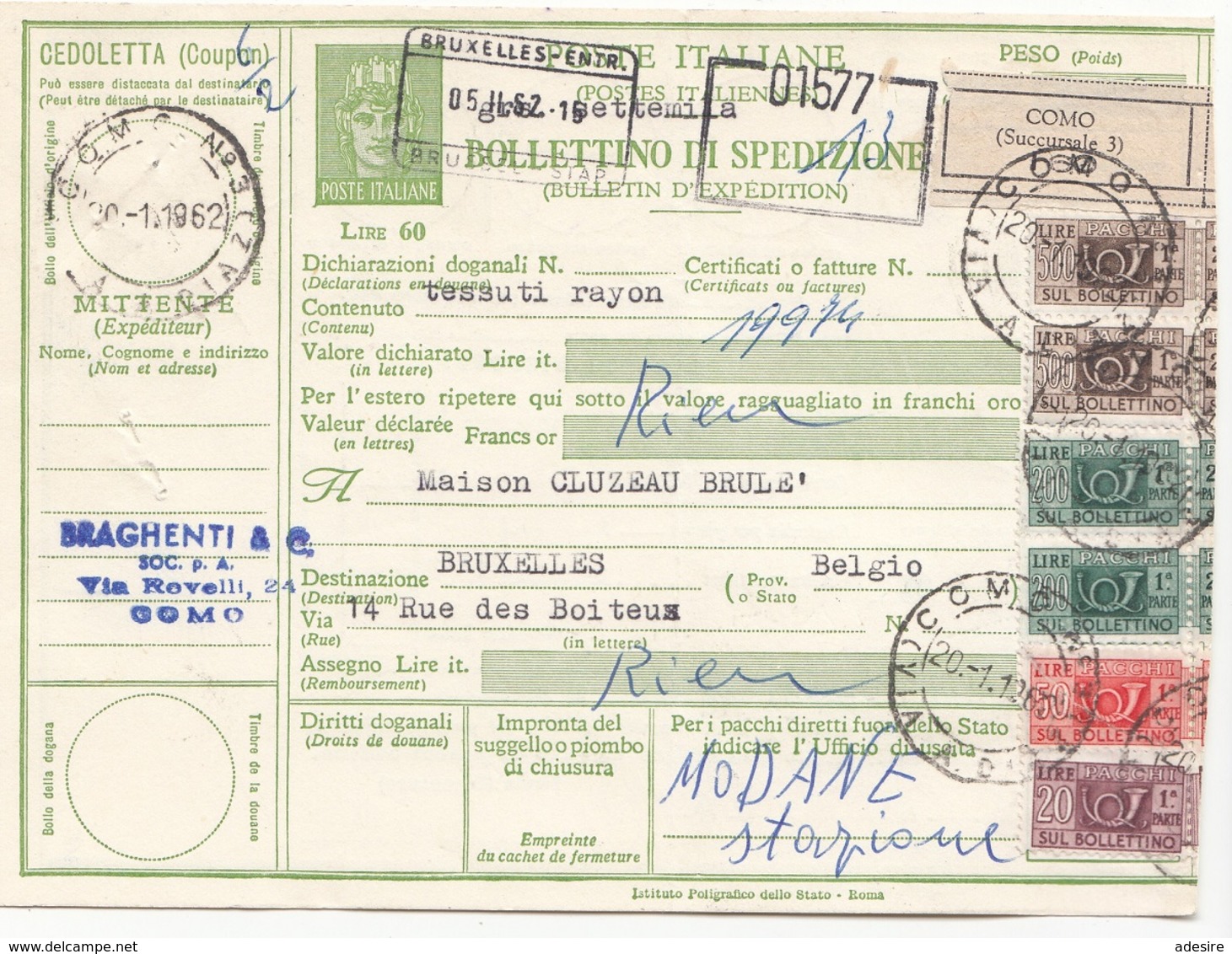 ITALIEN BULLETIN 1962 - 6 Fach Frankierte Paketkarte (20+50+2x200+2x500 L) Gel.Como - Bruxelles - Paketmarken