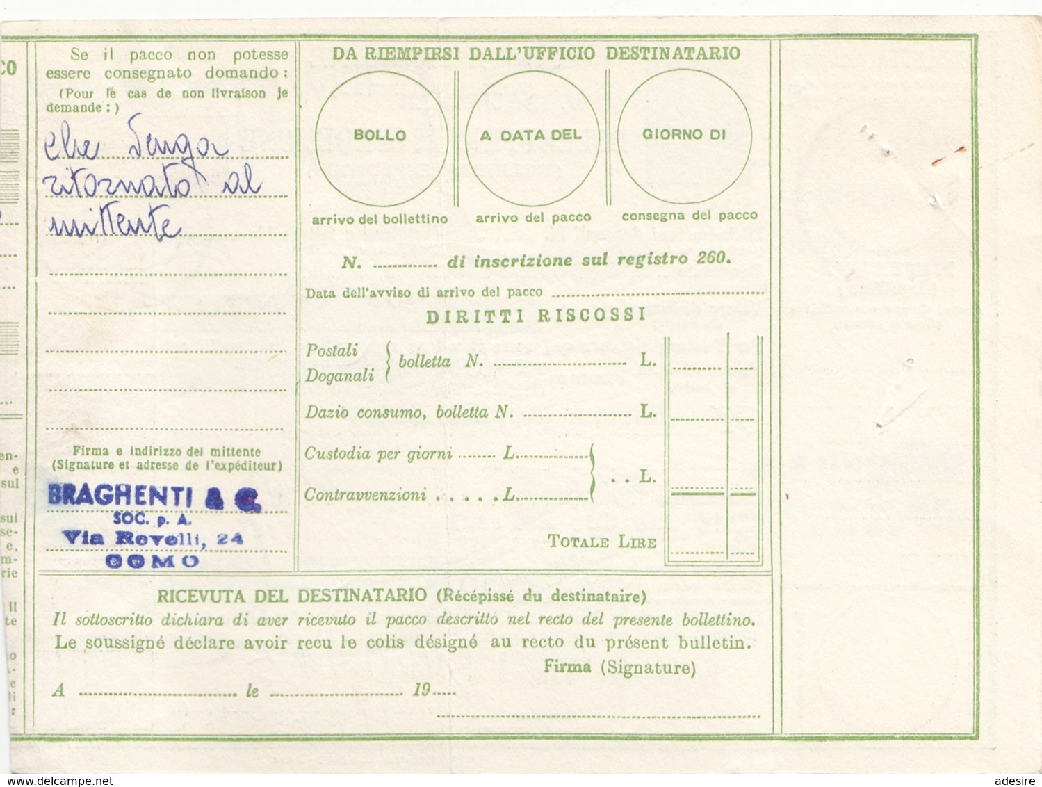 ITALIEN BULLETIN 1962 - 6 Fach Frankierte Paketkarte (20+50+2x200+2x500 L) Gel.Como - Bruxelles - Paketmarken