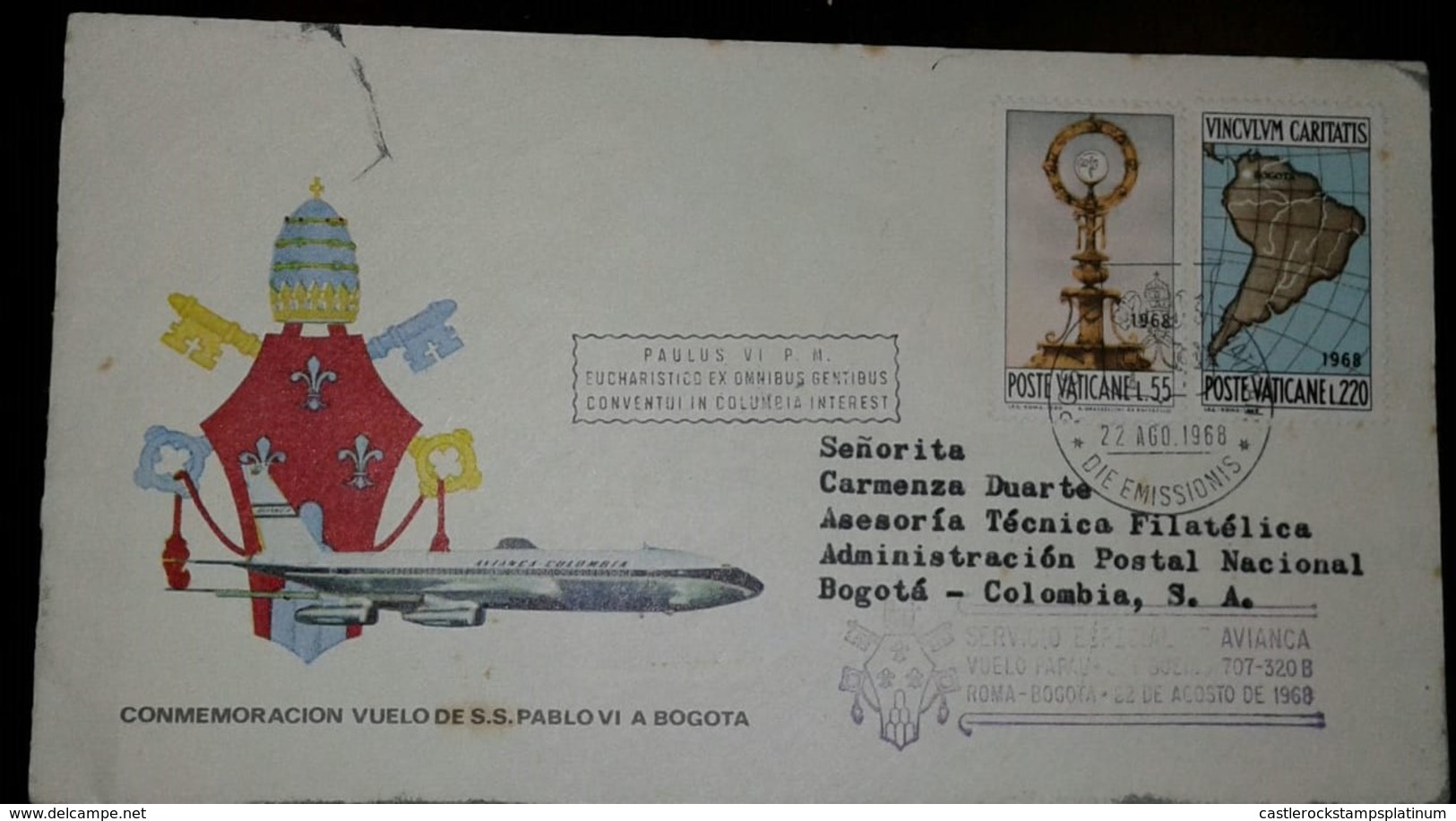 O) 1960 VATICAN CITY, MONSTRANCE FROM FRESCO BY RAPHAEL- MAP OF SOUTH AMERICA - VISIT OF POPE PAUL VI-CONGRESS BOGOTA, F - FDC