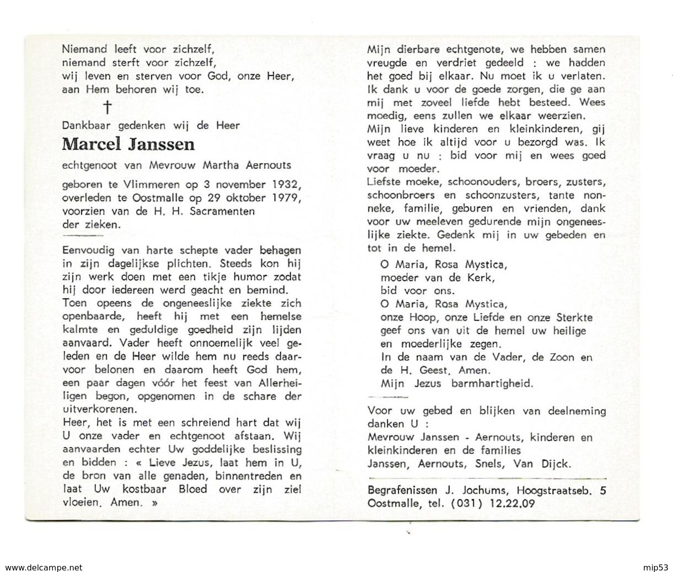 D 733. MARCEL JANSSEN Echtg. M. Aernouts - °VLIMMEREN 1932 / +OOSTMALLE 19789 - Devotion Images