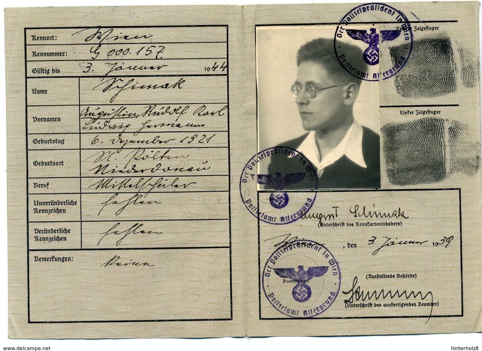 Ostmark/DR.; Kennkarte Ausgestellt In Wien, 1939 - Documents