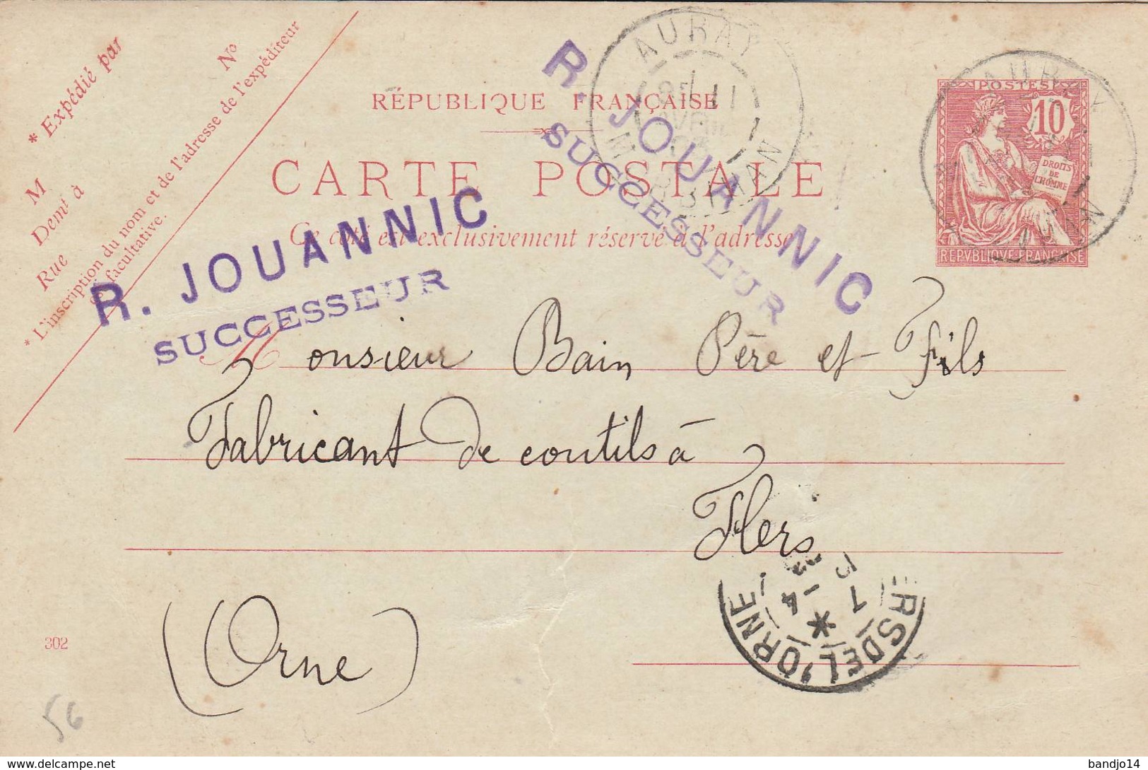 AURAY - Cachet  Magasin   R. JOUANNIC" - Sur Entier Postal - Scan Recto-verso - Standaardpostkaarten En TSC (Voor 1995)