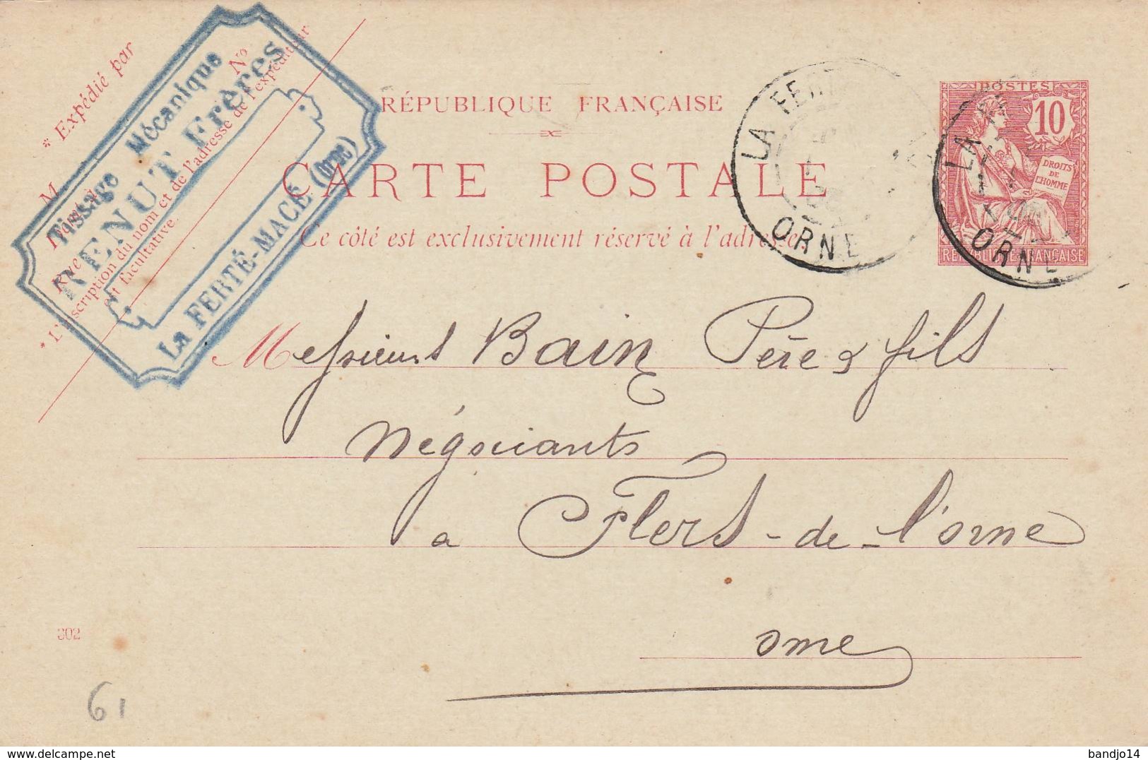 La Ferté Macé  - Cachet Fabrique  "RENUT Frères  " - Sur Entier Postal - Scan Recto-verso - Standaardpostkaarten En TSC (Voor 1995)