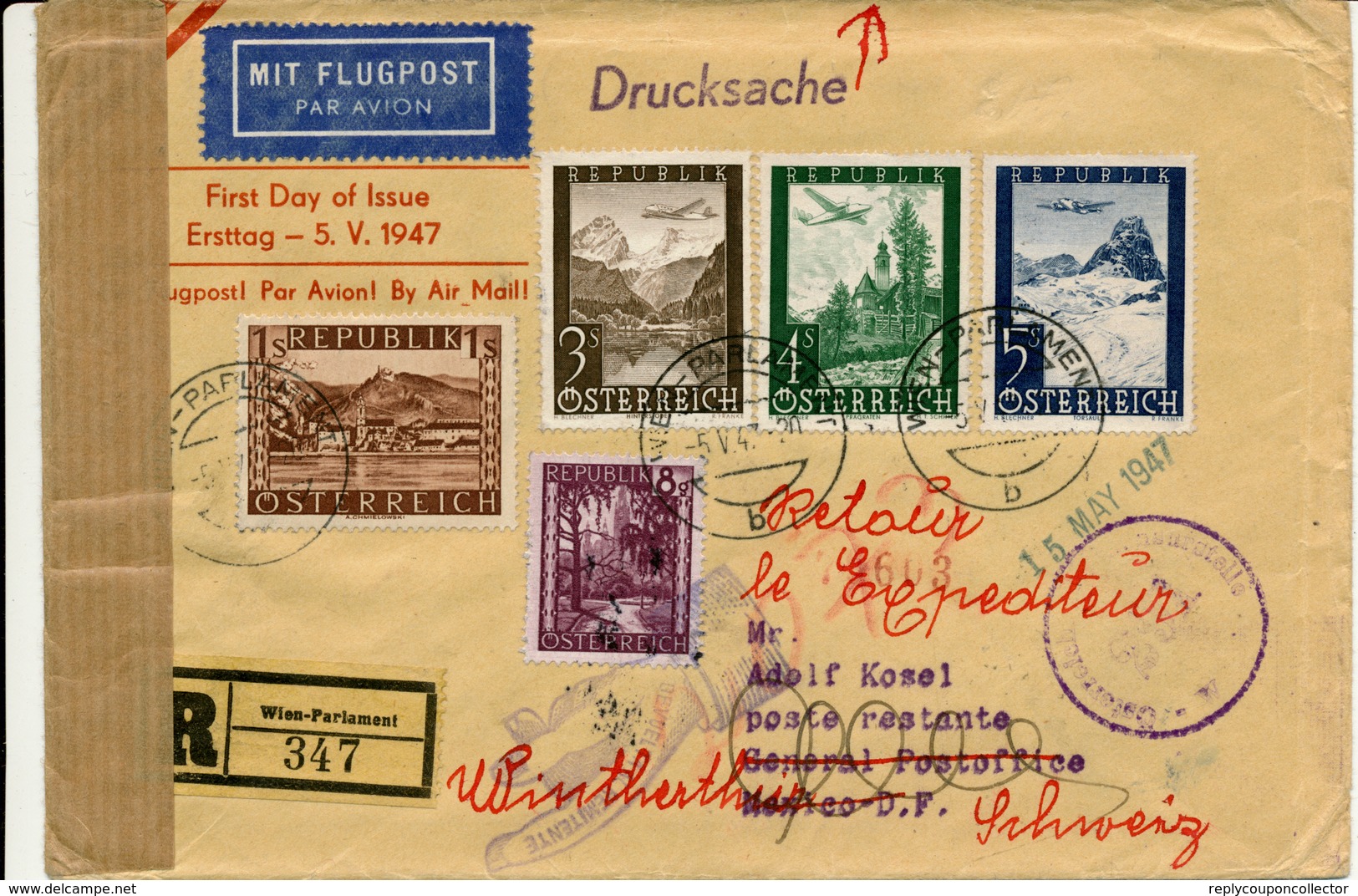 WIEN-PARLAMENT -  5.7.47  FD , Flugzeuge über Landschaften ... - Luftpost R-Brief Nach Mexico D.F.  - Zensur - Sonstige & Ohne Zuordnung