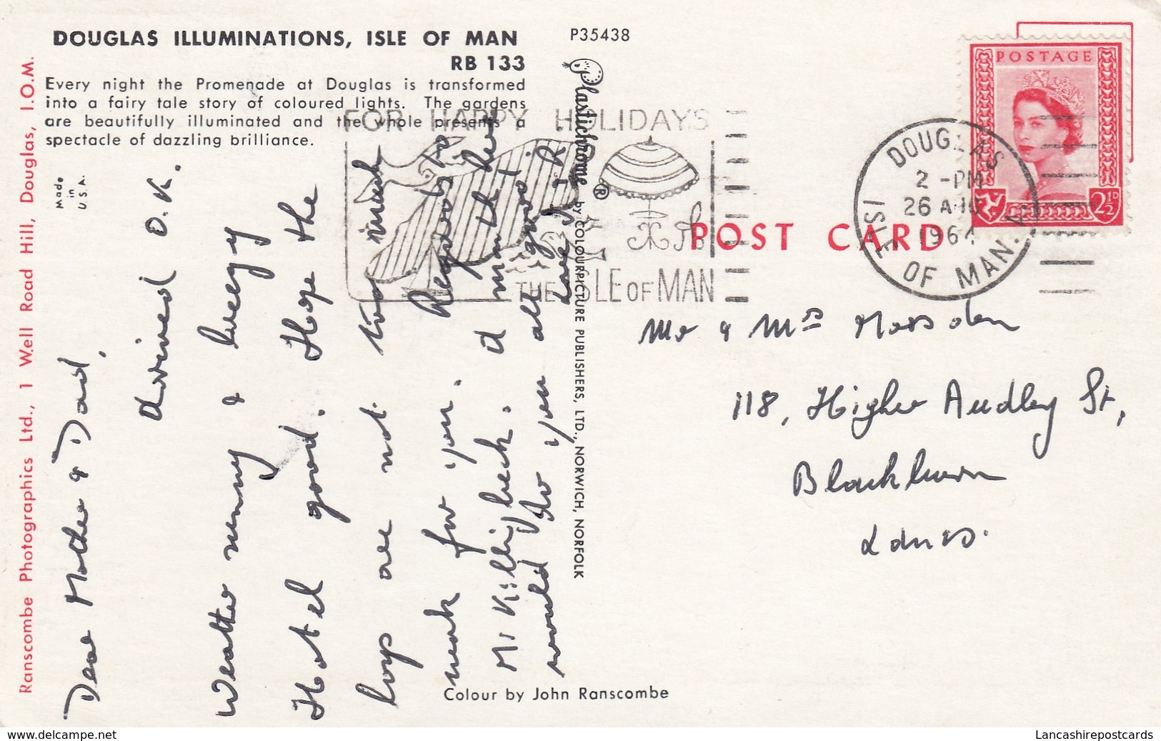 Postcard Douglas Illuminations Isle Of Man IOM PU 1964 My Ref  B12978 - Insel Man