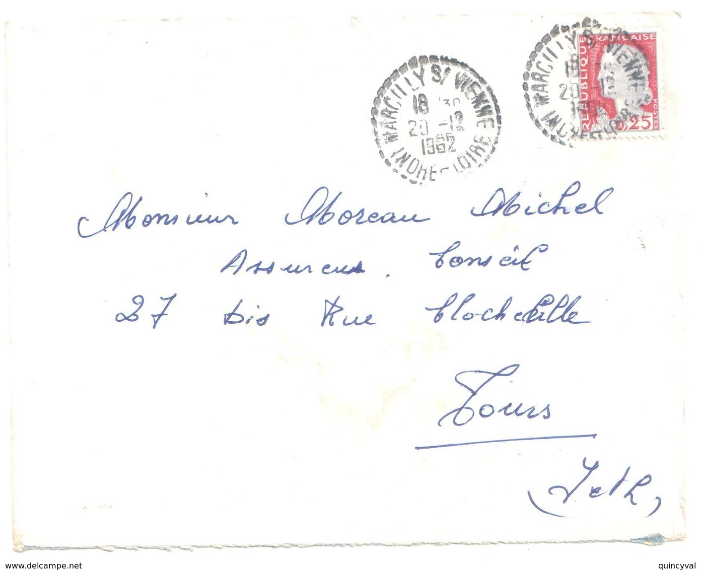 MARCILLY S/ VIENNE Indre Et Loire Lettre 25c Decaris Yv 1263  Ob 20 12 1962 FB04 Recette Distribution Lautier B8 - Storia Postale