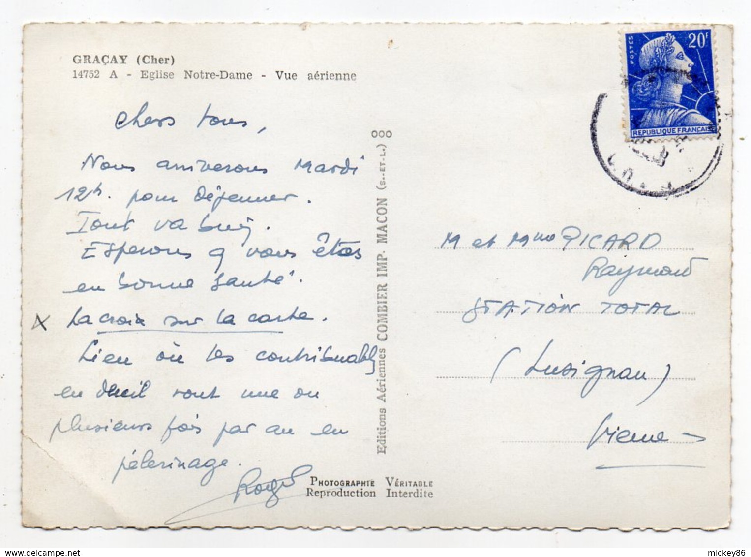 GRACAY--1948--Vue Aérienne--Eglise Notre-Dame........timbre --cachet............à Saisir - Graçay