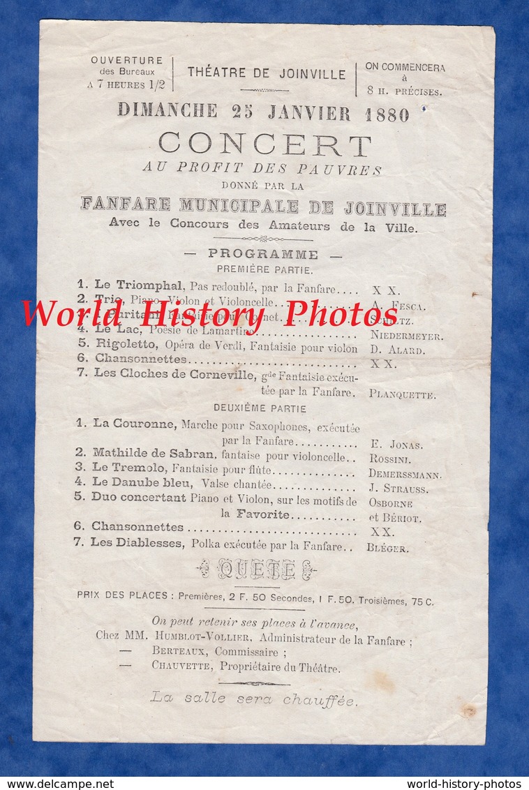 Document Ancien De 1880 - Théatre De JOINVILLE ( Haute Marne ) - Concert De La Fanfare Municipale - TOP RARE - Historische Documenten