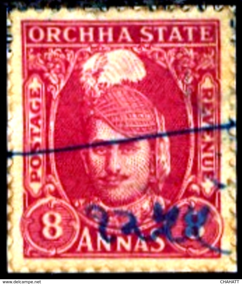 INDIAN FEUDATORY STATES- ORCHHA STATE- PRE DECIMAL- 8 ANNAS-POSTAGE & REVENUE-USED ON PAPER-SM-78 - Orchha