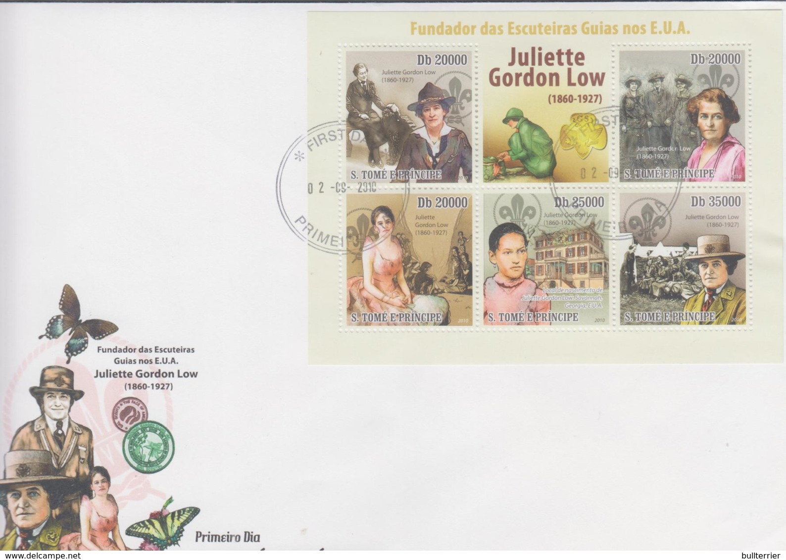 SCOUTS - ST THOMAS  PRINCE - 2010 - JUIETTE GORDON LOW  SHEETLET OF 5 + LABEL ON  ILLUSTRATED FDCS - Covers & Documents