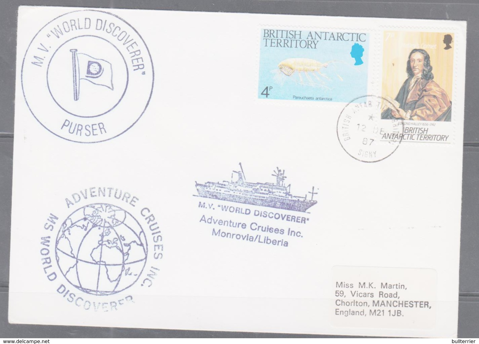 BRIT ANT TERRITORY  - 1987- MV DISCOVERER A  PAQUBOT COVER WITH SIGNY   POSTMARK  AND  2 CACHETS - Covers & Documents