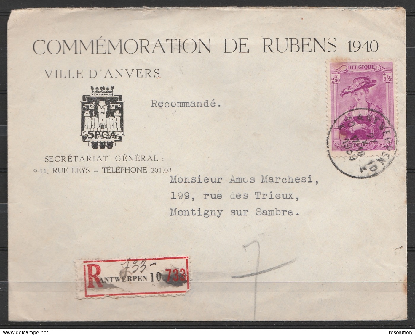 L. Entête Commémoration P.P.Rubens Recom. Affr. N°510 Càd ANVERS/27 X 1939 Pour MONTIGNY-sur-Sambre - Briefe U. Dokumente