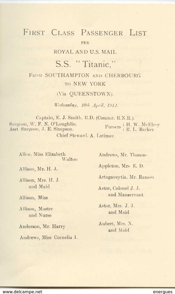 Titanic,liste Passagers, First Class Passenger List, Southampton, White Star Line, Royal Mail Steamers, 16 Pages - Documents Historiques