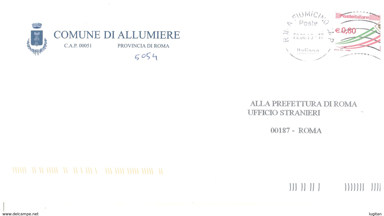 ALLUMIERE 00051 PROV. ROMA - ANNO 2015  - PRY -TEMATICA COMUNI D'ITALIA - STORIA POSTALE - Macchine Per Obliterare (EMA)