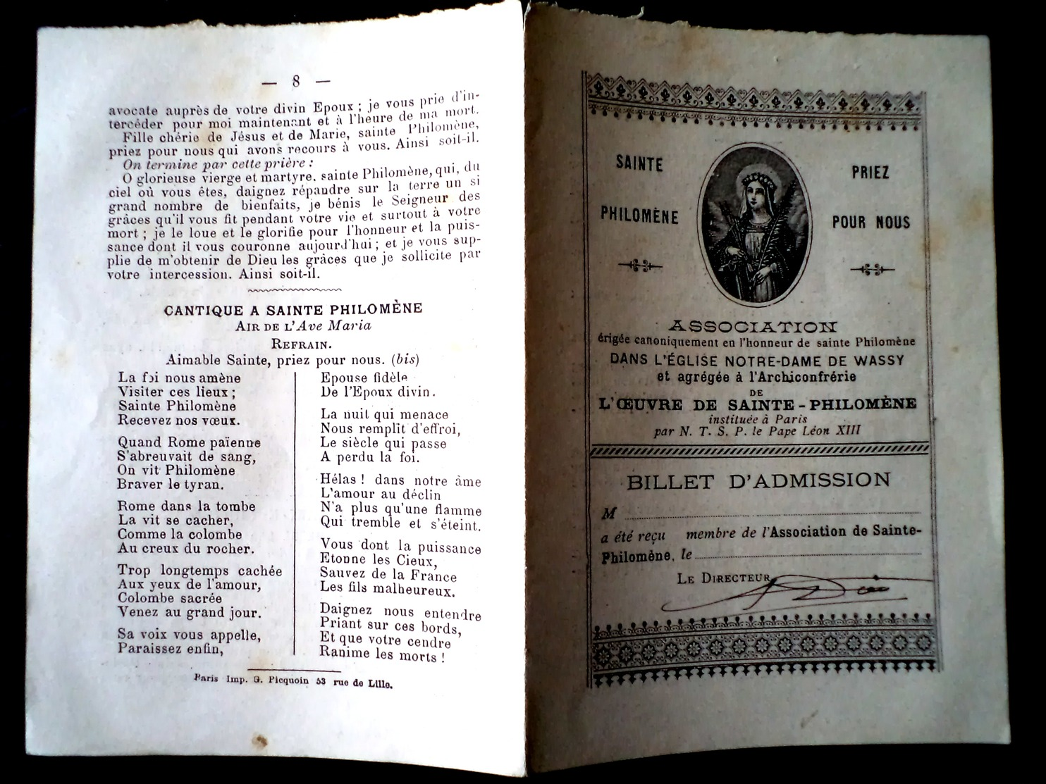 Wassy Archiconfrérie Saint Philomène Fin 19ème Petit Feuillet De 8 Pages Bon état Général Frais De Port En Courrier Suiv - Wassy