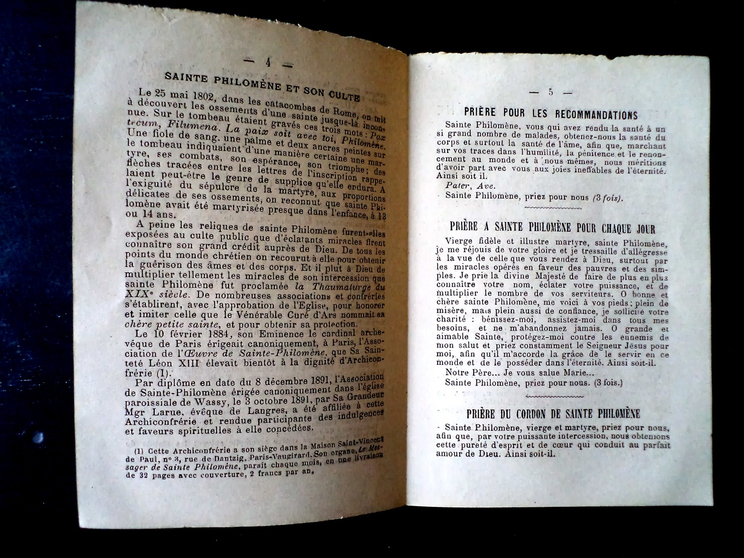 Wassy archiconfrérie Saint Philomène fin 19ème Petit feuillet de 8 pages Bon état général Frais de port en courrier suiv