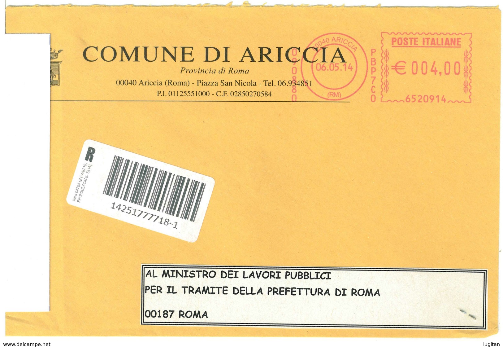 ARICCIA 00040 PROV. RM - ANNO 2014  - AMRR  - TEMATICA COMUNI D'ITALIA - STORIA POSTALE - Macchine Per Obliterare (EMA)