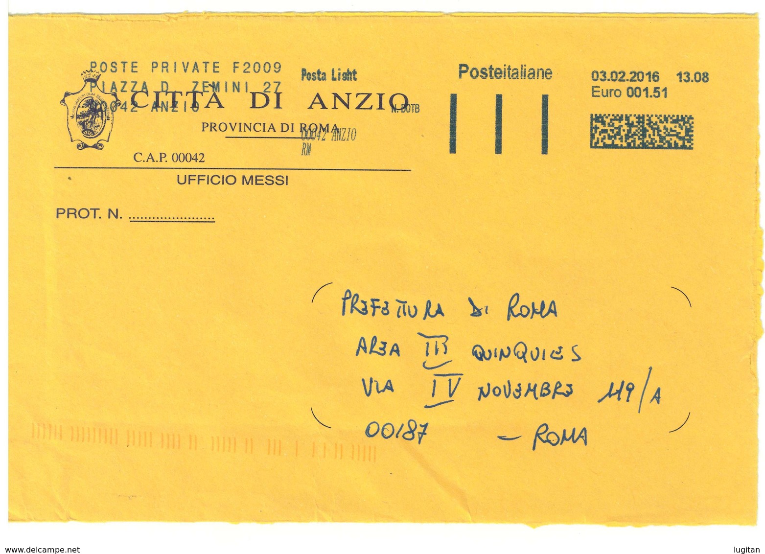 ANZIO 00042 PROV. RM - ANNO 2016  - PLI  - TEMATICA COMUNI D'ITALIA - STORIA POSTALE - Macchine Per Obliterare (EMA)