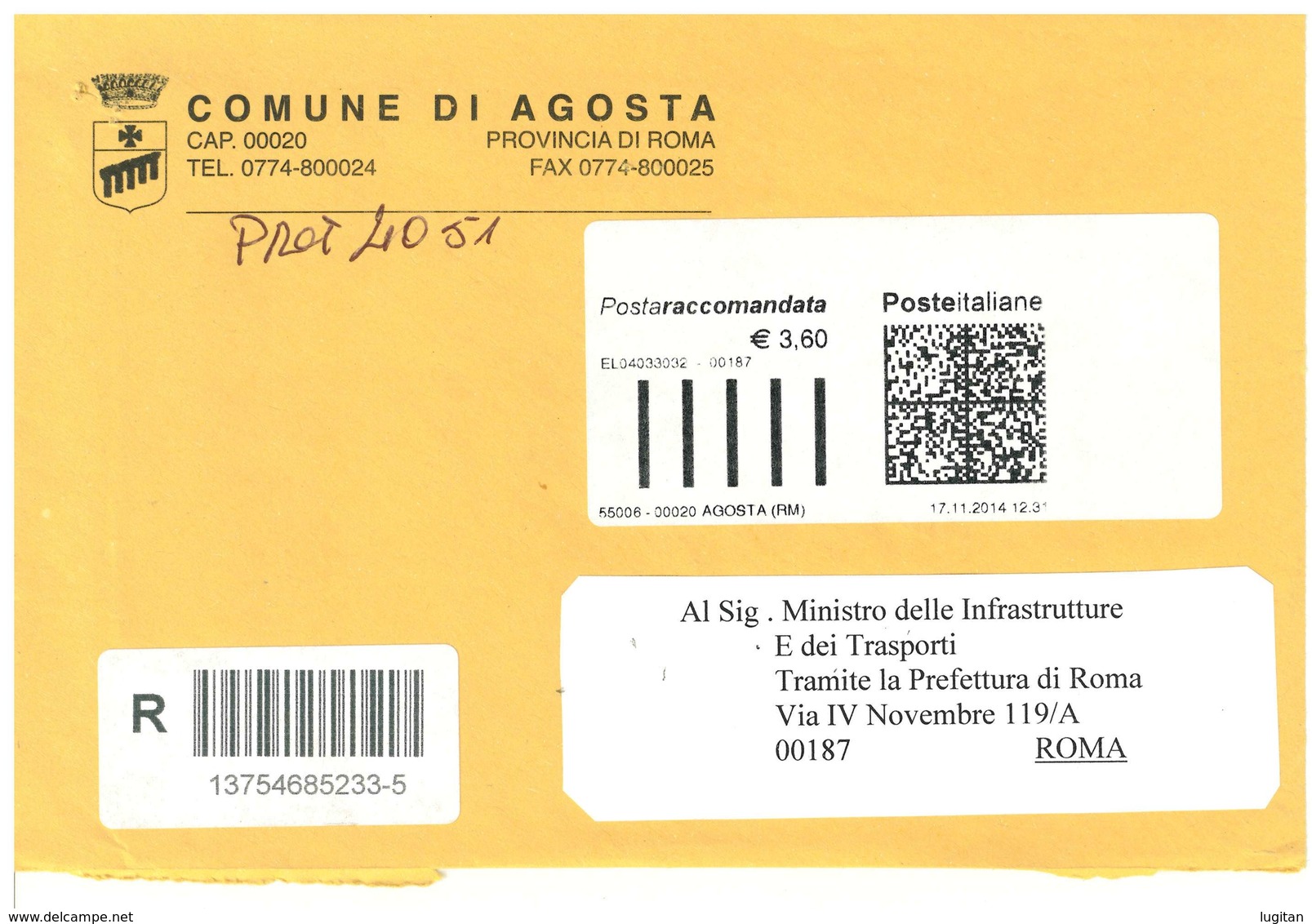 AGOSTA  00020 PROV. RM - ANNO 2014  - PRT  - TEMATICA COMUNI D'ITALIA - STORIA POSTALE - Macchine Per Obliterare (EMA)