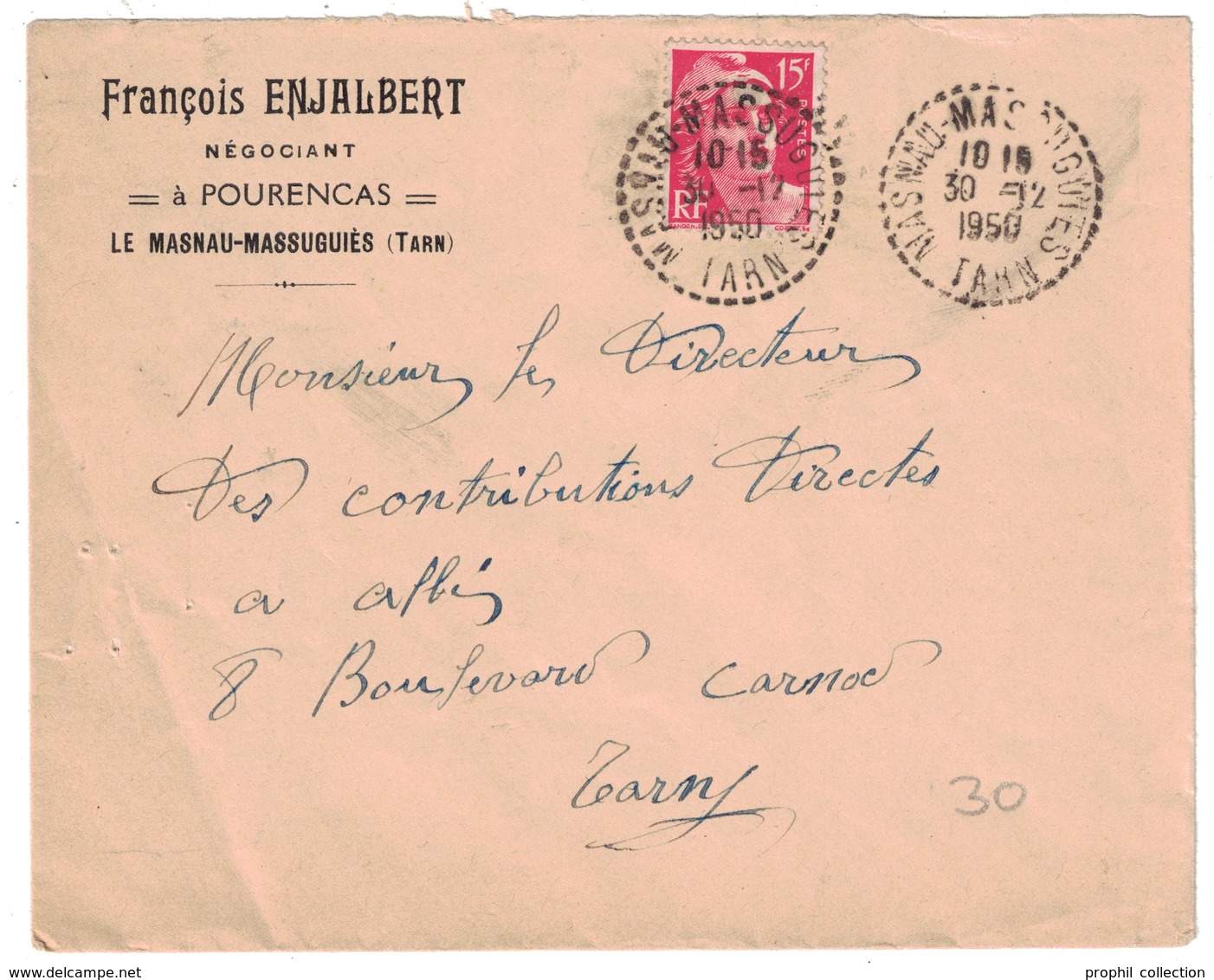 1950 - CACHET À TIRETS DE RECETTE DISTRIBUTION De LE MASNAU-MASSUGUIES (TARN) Sur LETTRE GANDON 15F ENTETE ENJALBERT - 1921-1960: Période Moderne