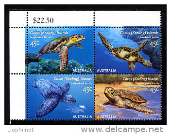 COCOS ISLANDS 2002, TORTUES MARINES, 4 Valeurs, Neufs / Mint. R1589 - Tortues