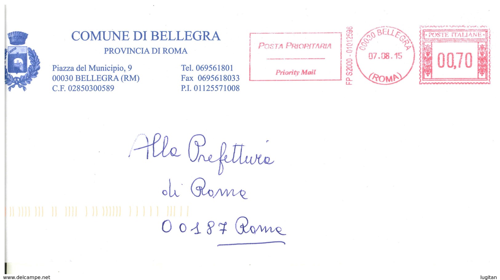 BELLEGRA  00030 PROV. RM - ANNO 2015  - AMR  - TEMATICA COMUNI D'ITALIA - STORIA POSTALE - Macchine Per Obliterare (EMA)