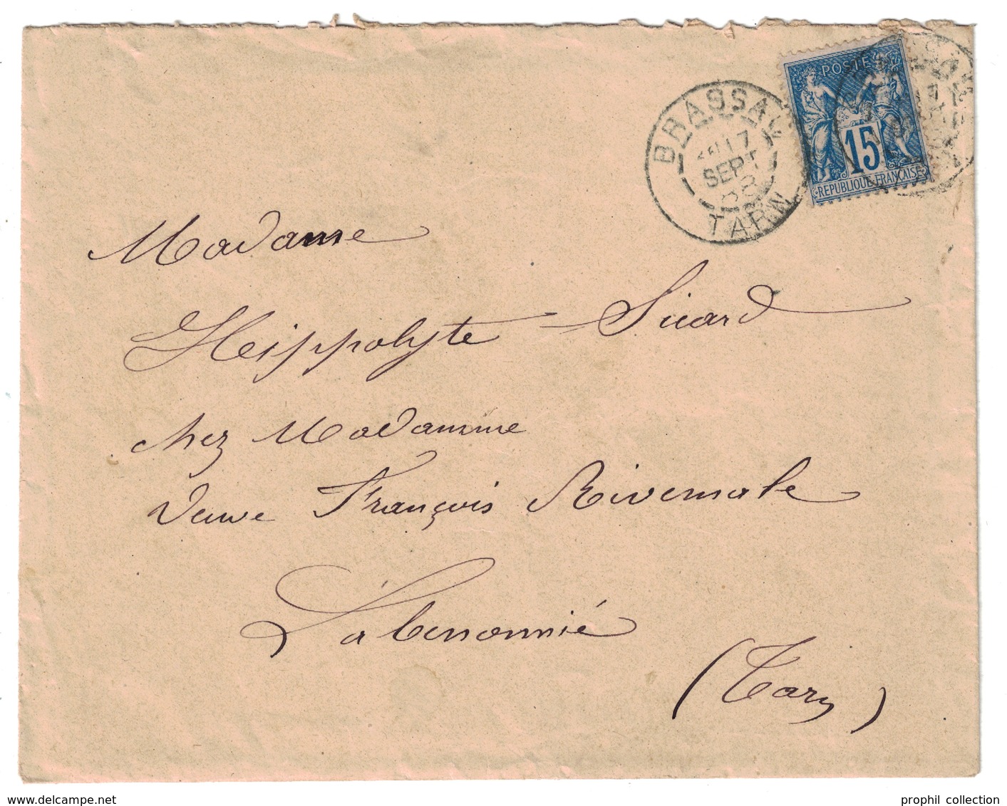 1888 - CACHET CAD TAD De BRASSAC (TARN) En BLEU Sur LETTRE AFFRANCHIE SAGE 15c - 1877-1920: Période Semi Moderne