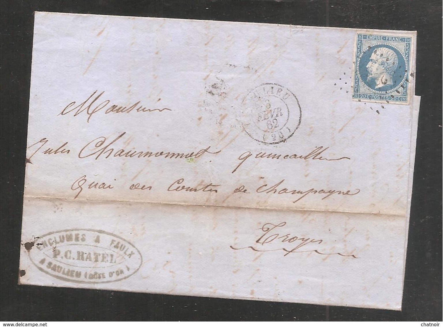 SAULIEU  20C EMPIRE  / FEVR 1862 / CACHET  ENCLUMES A FAUX - 1862 Napoleon III