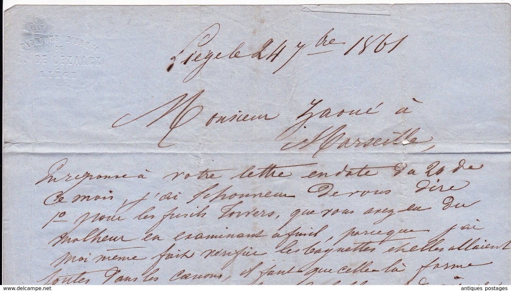 Lettre Liège 1861 Anatole de Lezaack Belgique Fabrique d'Armes Fusil Marseille