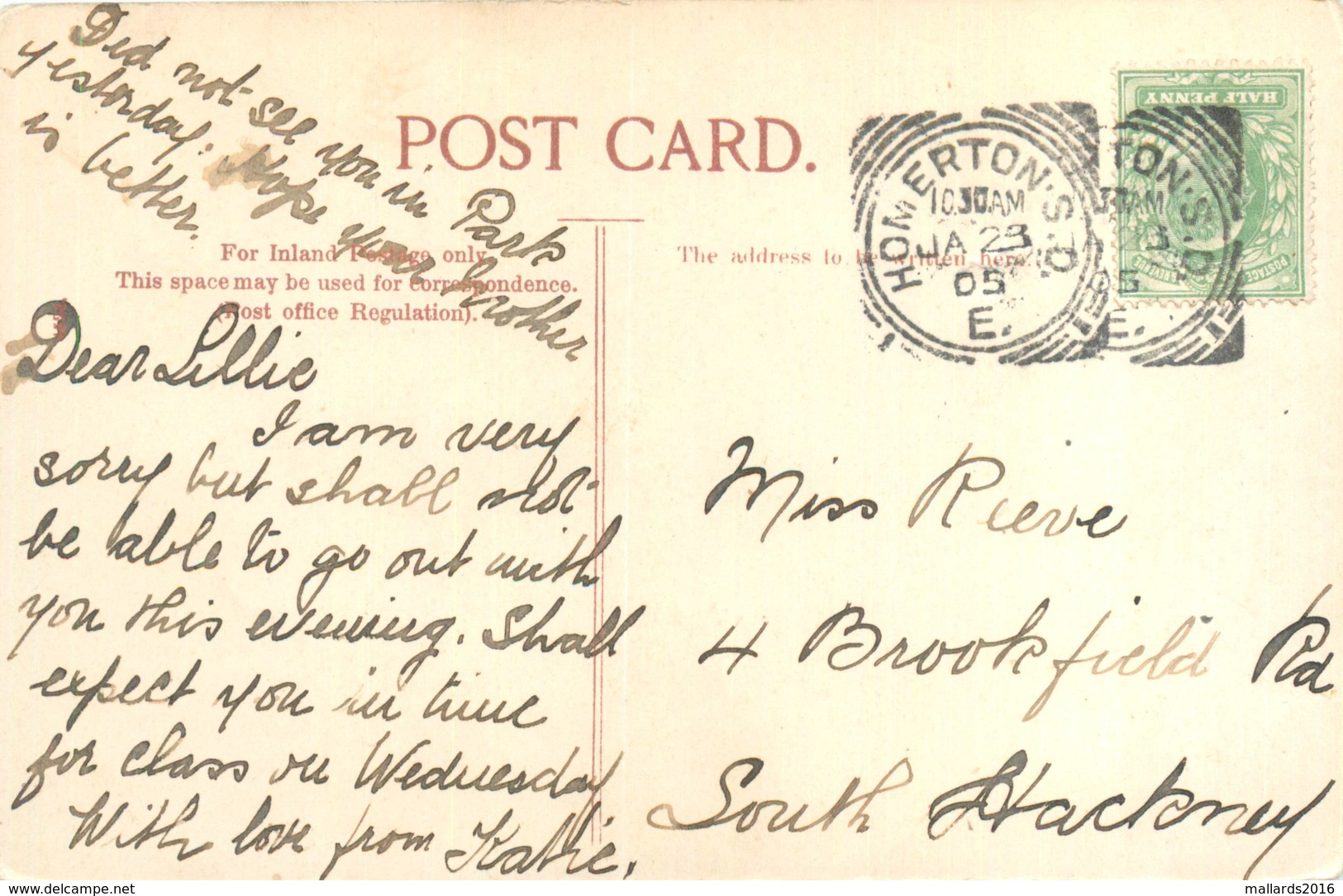CHRISTMAS GREETINGS POSTCARD WITH 1905 HOMERTON S.O. SQUARED CIRCLE PMK #90462 - Other & Unclassified