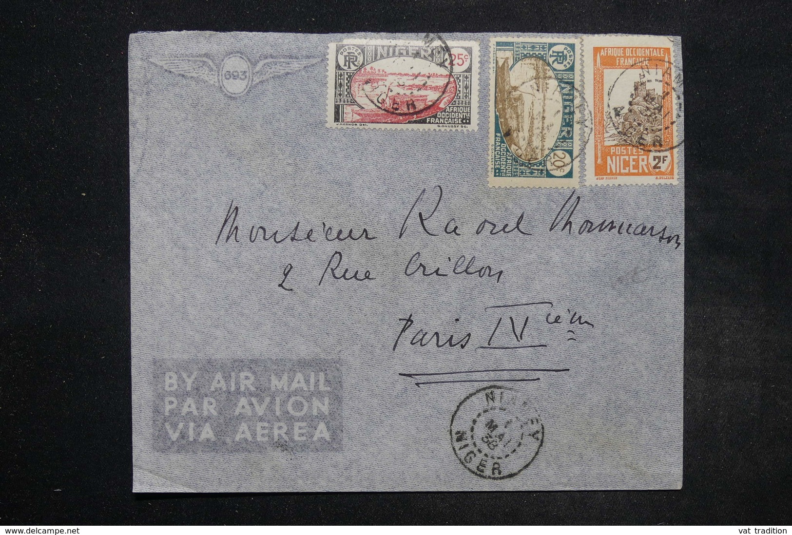 NIGER - Enveloppe De Niamey Pour Paris Par Avion En 1938 , Affranchissement Plaisant - L 27201 - Covers & Documents