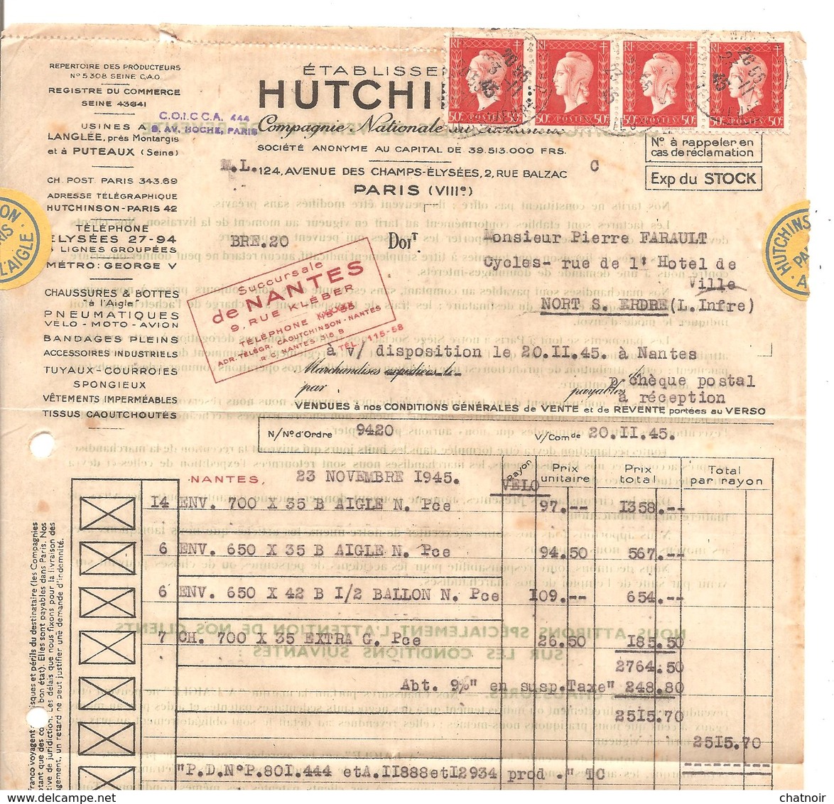 NANTES  Bande De 50c X 4  MARIANNE DE DULAC / Nov  1945 / Sur Facture HUTCHINSON - 1944-45 Marianne De Dulac