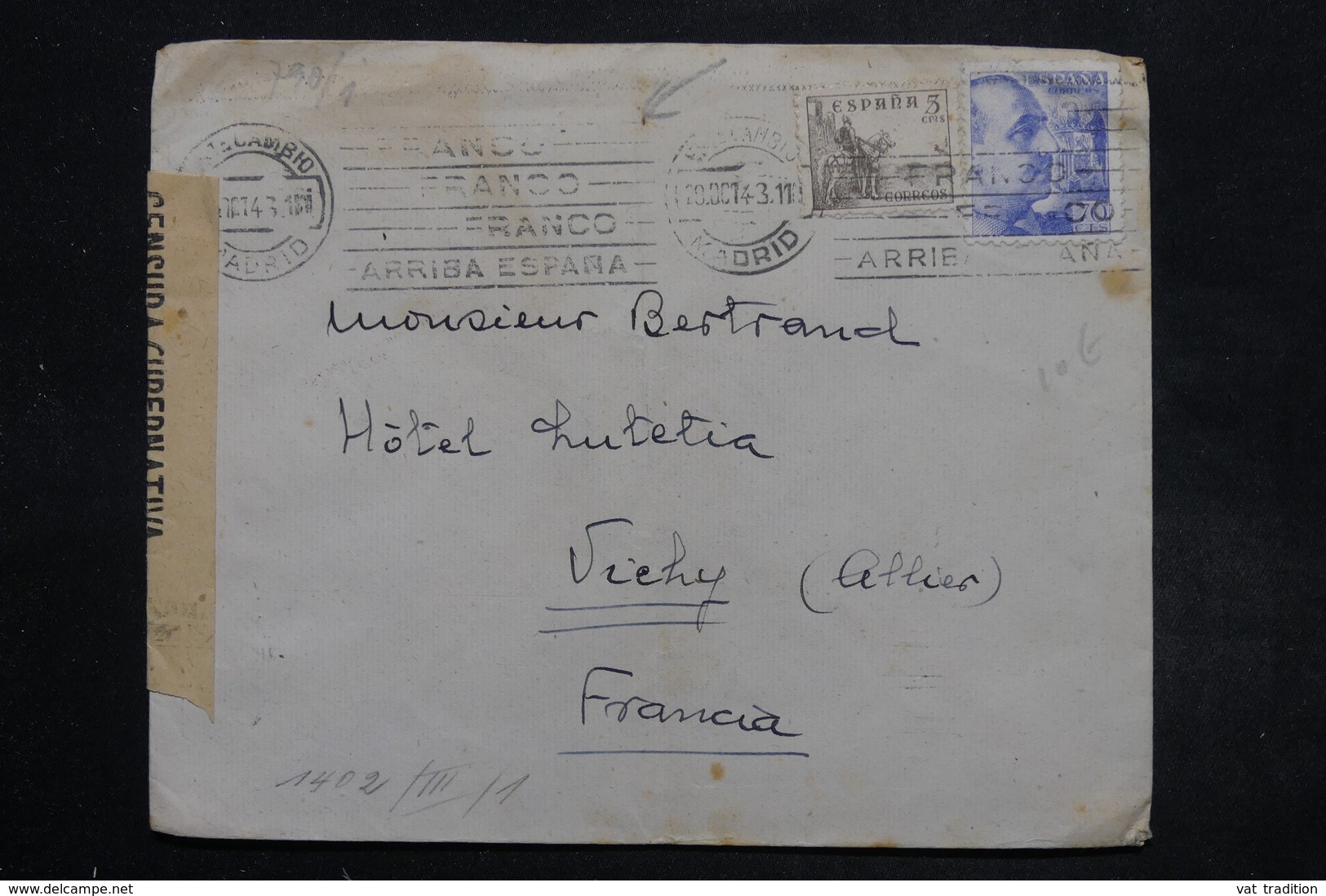 ESPAGNE - Enveloppe De Madrid Pour Vichy En 1943 , Contrôles Postaux , Oblitération Patriotique - L 27214 - Nationalists Censor Marks