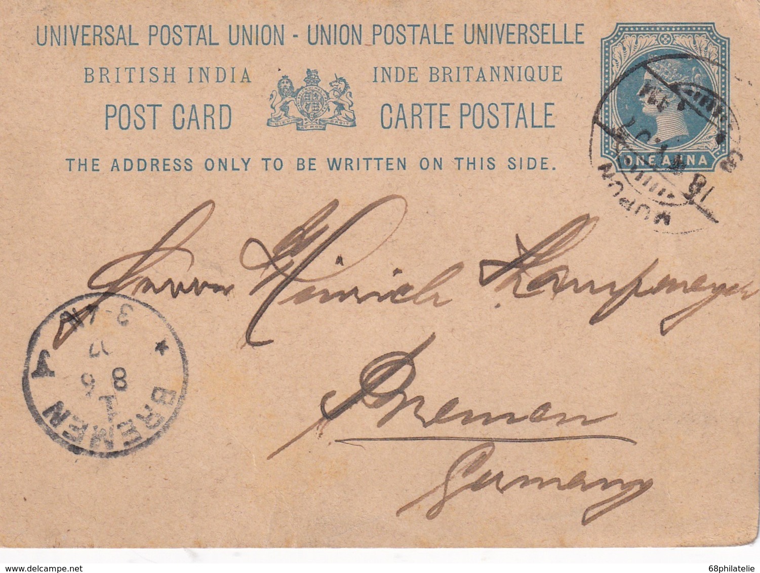 INDE 1907   ENTIER POSTAL/GANZSACH/POSTAL STATIONERY CARTE POUR BREMEN - 1882-1901 Impero