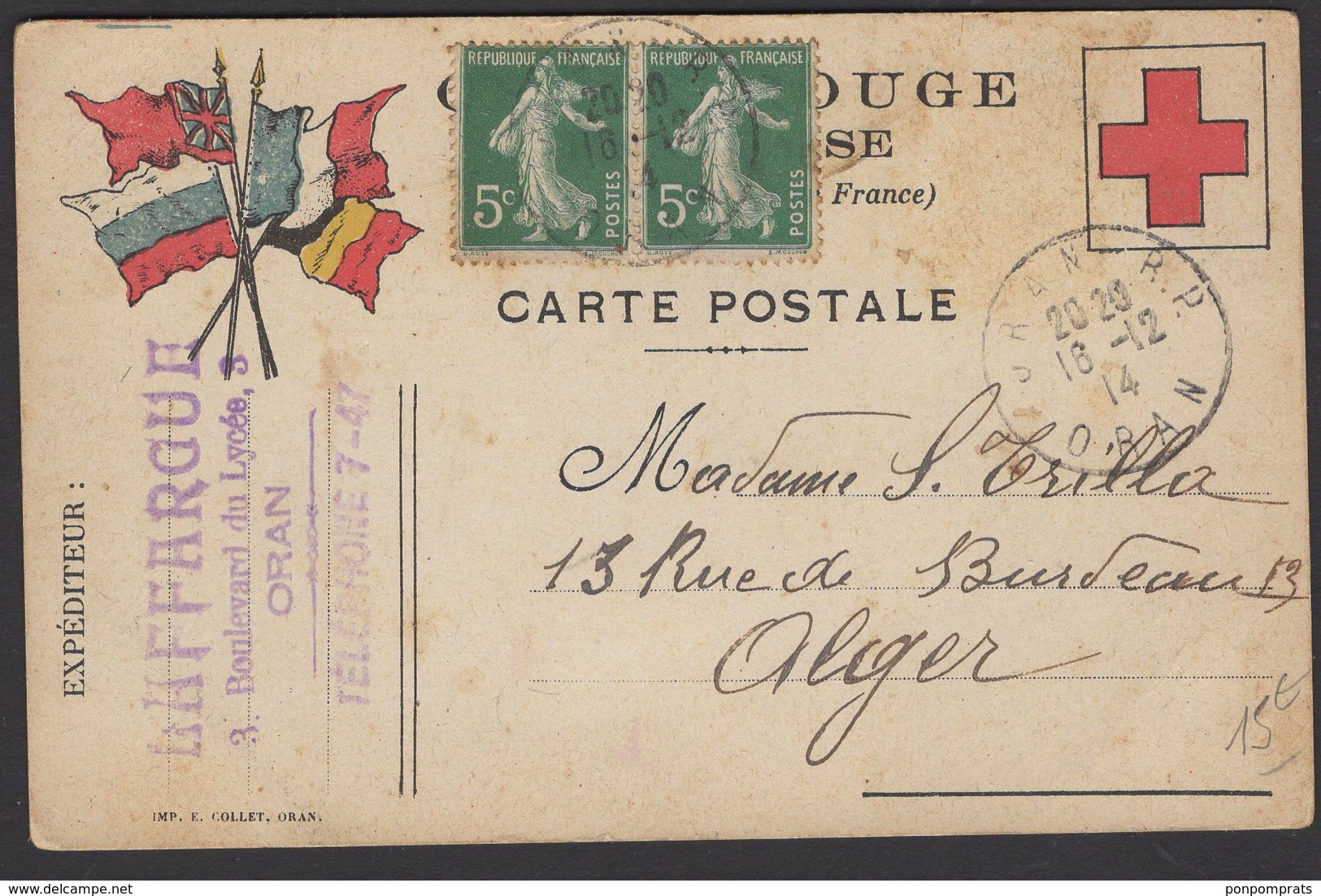 ALGERIE: CARTE FM CROIX ROUGE De ORAN Avec 5c Semeuse X2 Oblt CàD Type A4 ORAN R.P. > ALGERIE - Croix-Rouge